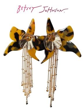 Betsey Johnson Tortoiseshell Floral Drop Earrings with Gold Chains